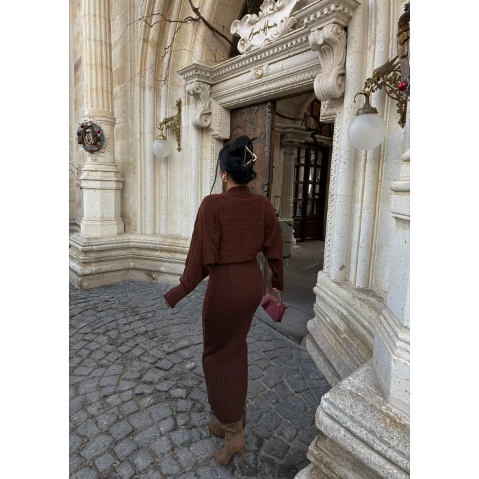 Kahve Elbise Kazak Triko Takım