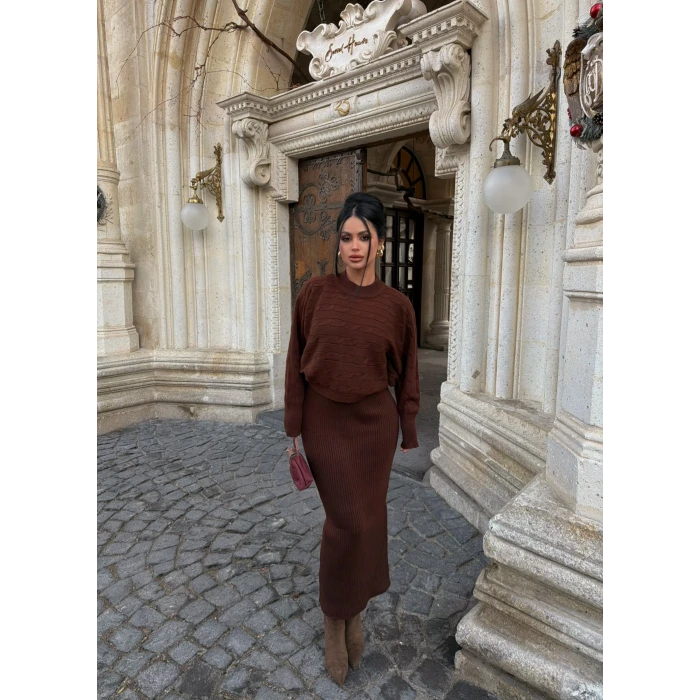 Kahve Elbise Kazak Triko Takım