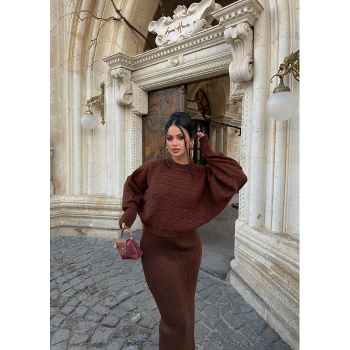 Kahve Elbise Kazak Triko Takım