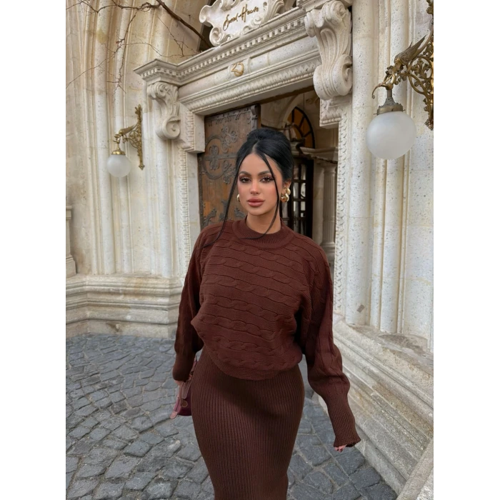 Kahve Elbise Kazak Triko Takım