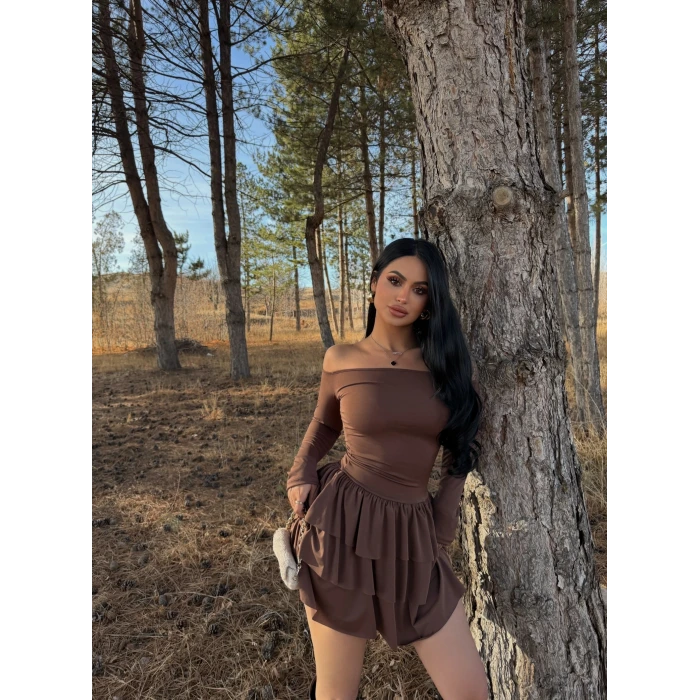 Kahve Eteği Fırfırlı Madonna Elbise