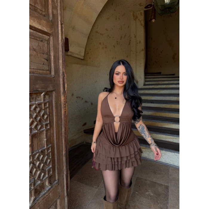 Kahve Eteği Şortlu Halka İkili Takım