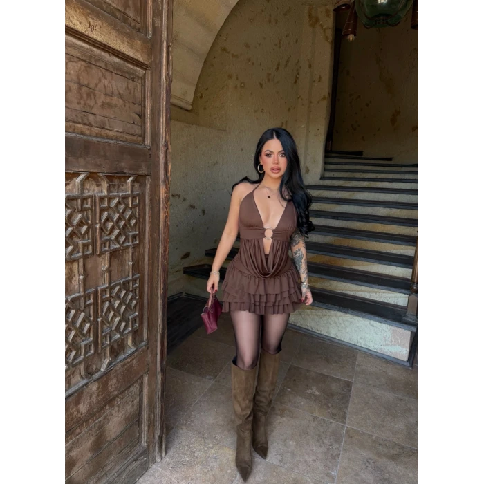 Kahve Eteği Şortlu Halka İkili Takım