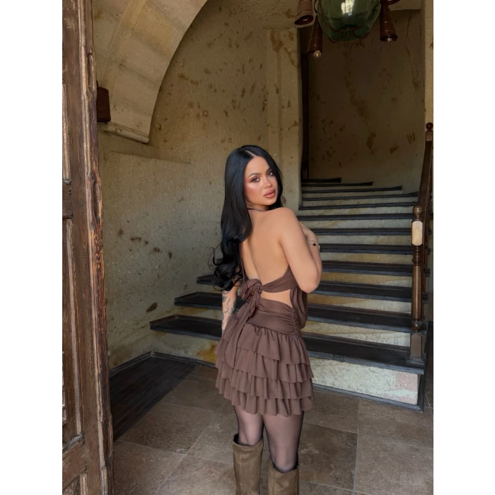 Kahve Eteği Şortlu Halka İkili Takım