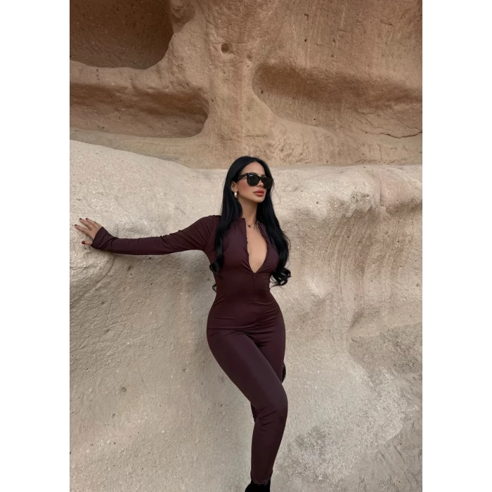Kahve Fermuarlı Sandy Tulum