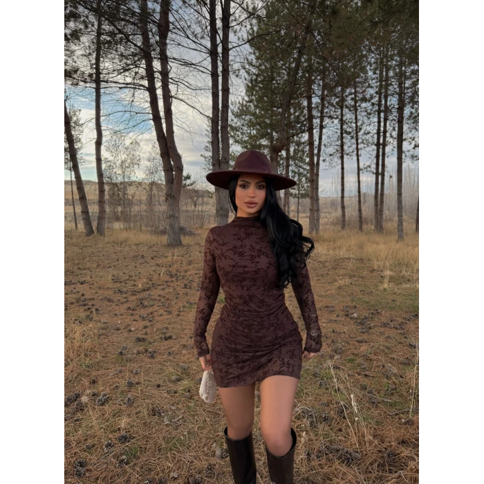 Kahve Flowers Flok Baskı Elbise