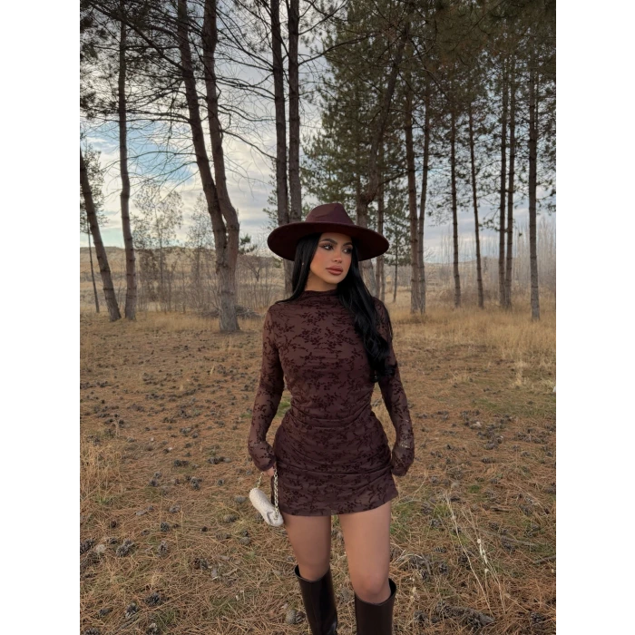 Kahve Flowers Flok Baskı Elbise