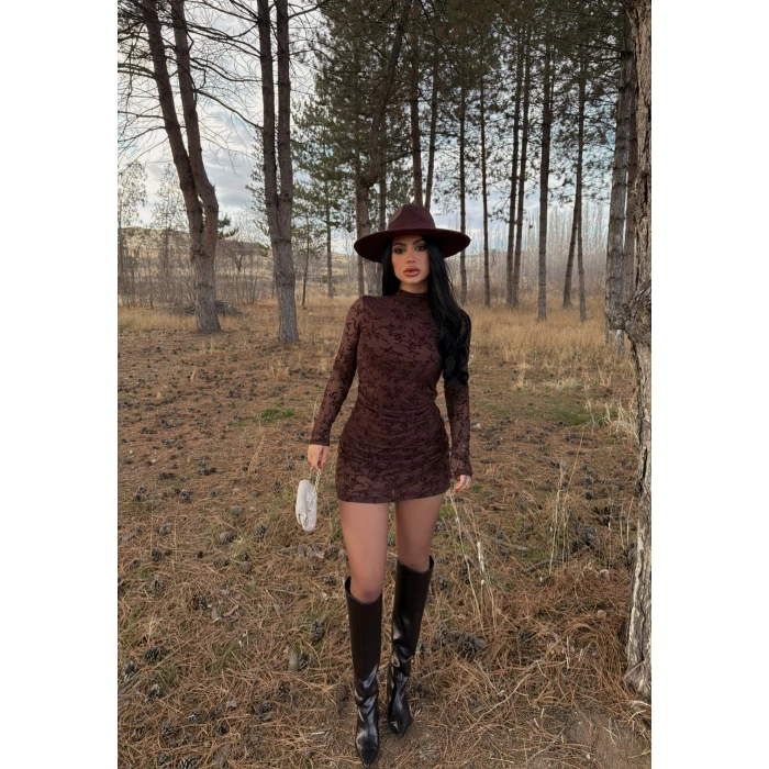 Kahve Flowers Flok Baskı Elbise