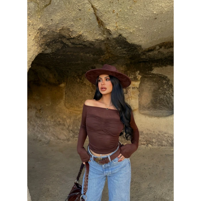 Kahve Göğsü Sütyen Transparan Bluz