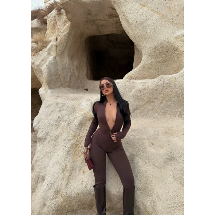 Kahve Halka Fermuarlı Kaşkorse Tulum