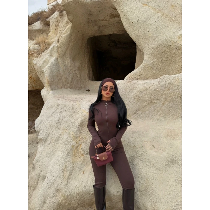 Kahve Halka Fermuarlı Kaşkorse Tulum