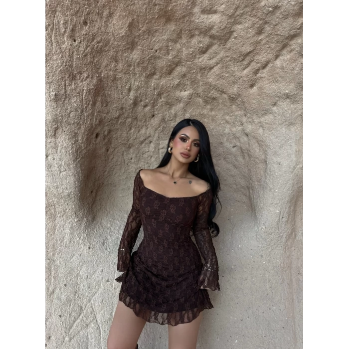 Kahve İçi Astarlı Güpürlü Elbise