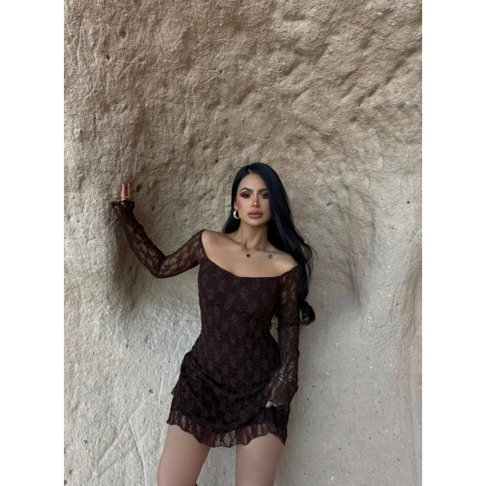 Kahve İçi Astarlı Güpürlü Elbise