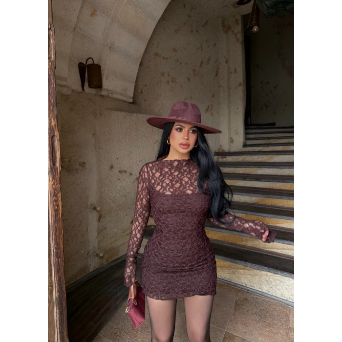 Kahve İçi Astarlı Güpürlü Elbise