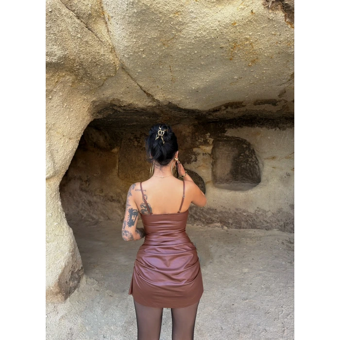 Kahve İp Askılı Balenli Elbise