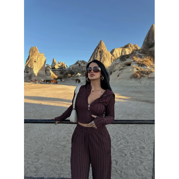 Kahve Kapşonlu Ters Dikiş İkili Takım