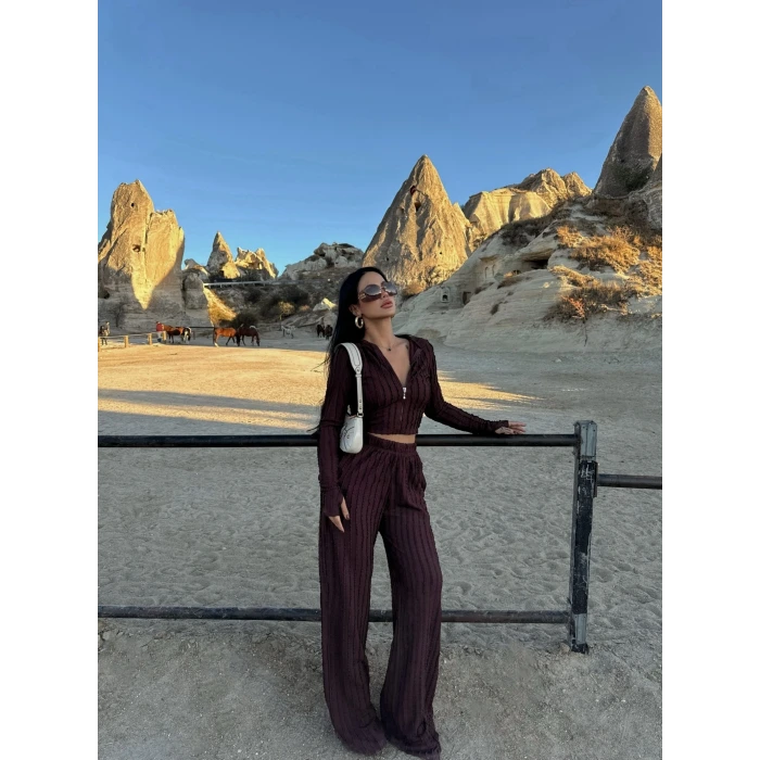 Kahve Kapşonlu Ters Dikiş İkili Takım