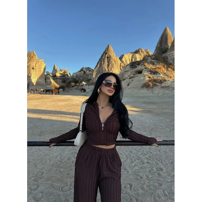 Kahve Kapşonlu Ters Dikiş İkili Takım