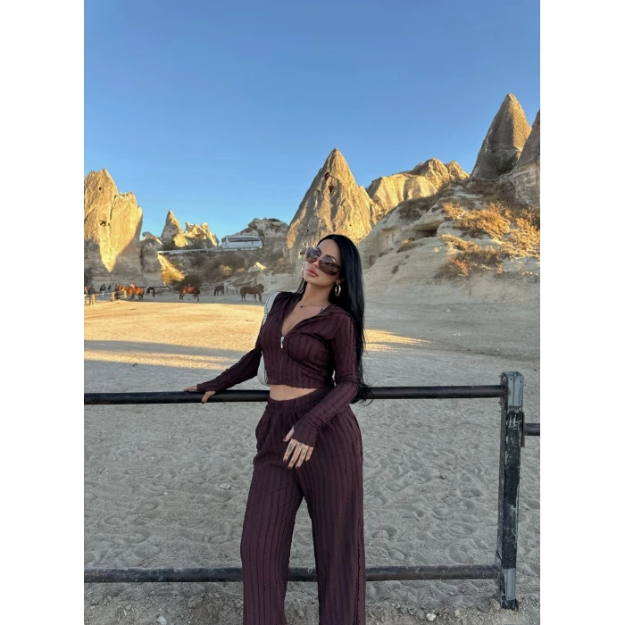 Kahve Kapşonlu Ters Dikiş İkili Takım