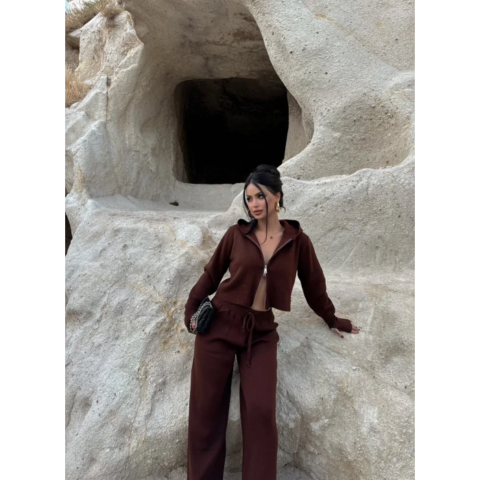 Kahve Kapşonlu Triko İkili Takım