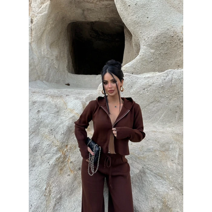Kahve Kapşonlu Triko İkili Takım