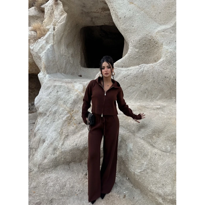 Kahve Kapşonlu Triko İkili Takım
