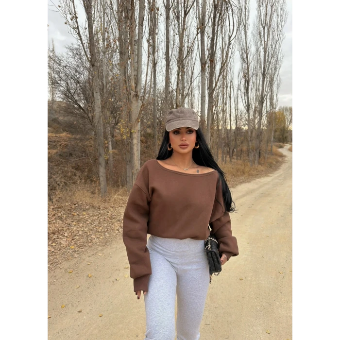 Kahve Kayık Yaka Şardonlu Sweat