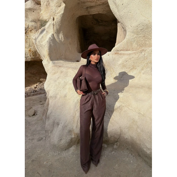 Kahve Kemerli Kadife Palazzo Pantolon