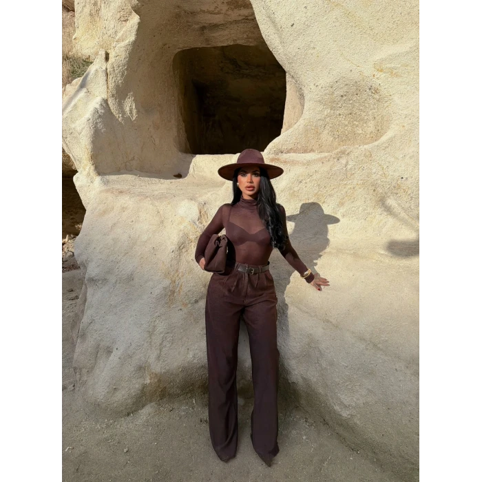 Kahve Kemerli Kadife Palazzo Pantolon