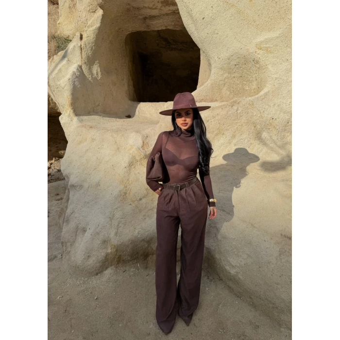 Kahve Kemerli Kadife Palazzo Pantolon