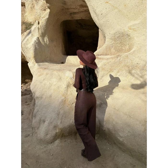 Kahve Kemerli Kadife Palazzo Pantolon