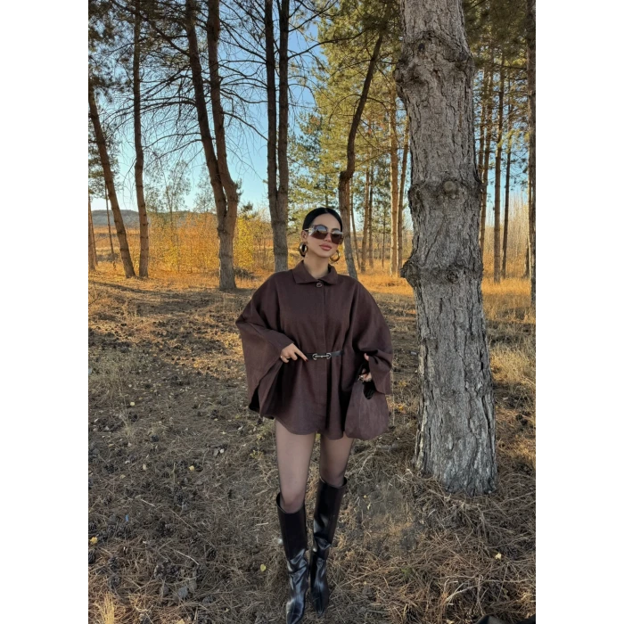 Kahve Kemerli Kaşe Panço