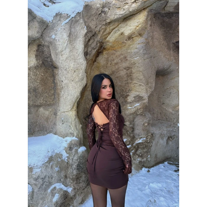 Kahve Kol Güpürlü Sırt Dekolte Elbise