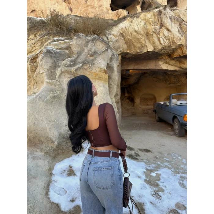 Kahve Kolları Tül Balenli Bluz