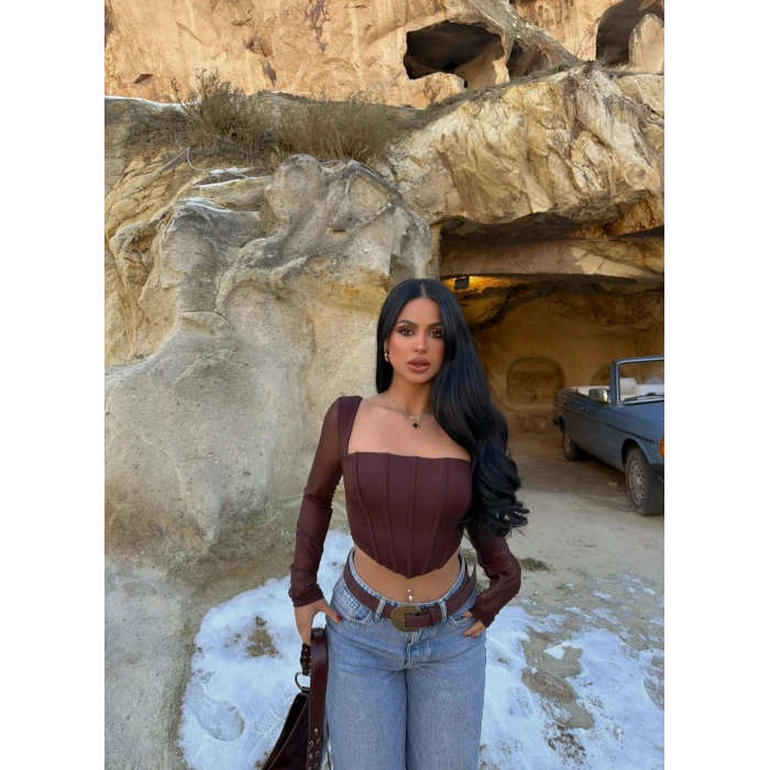 Kahve Kolları Tül Balenli Bluz