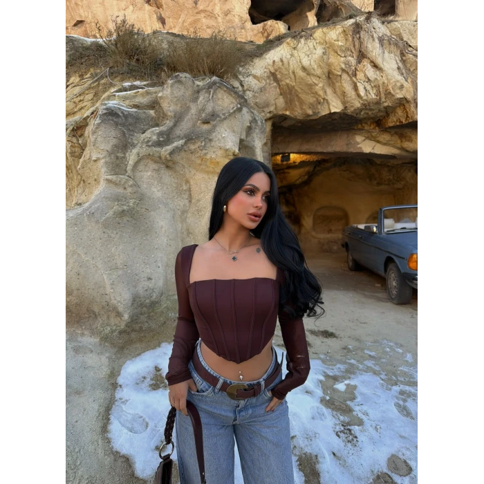 Kahve Kolları Tül Balenli Bluz