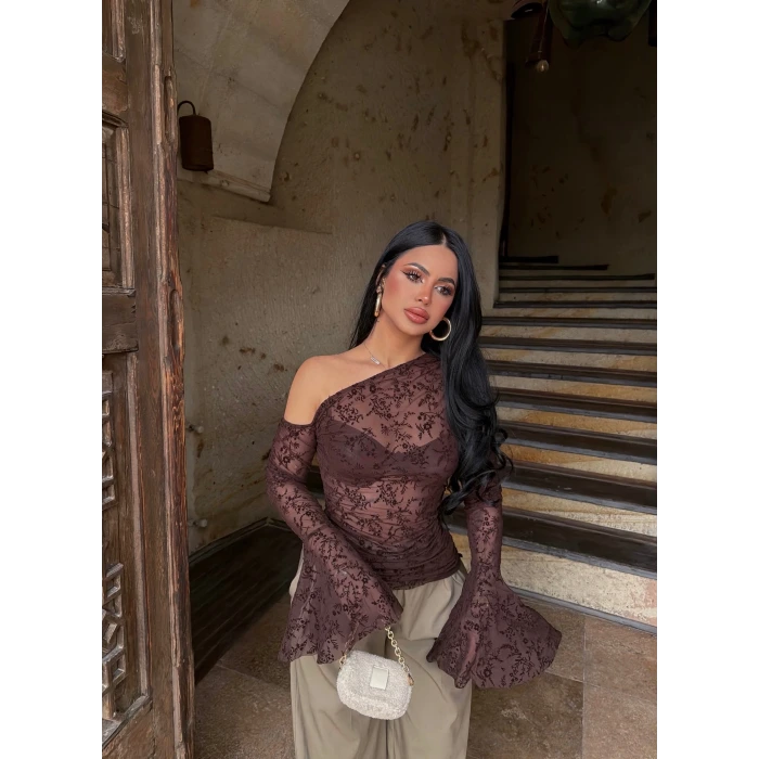 Kahve Kolları Volanlı Flok Baskı Crop