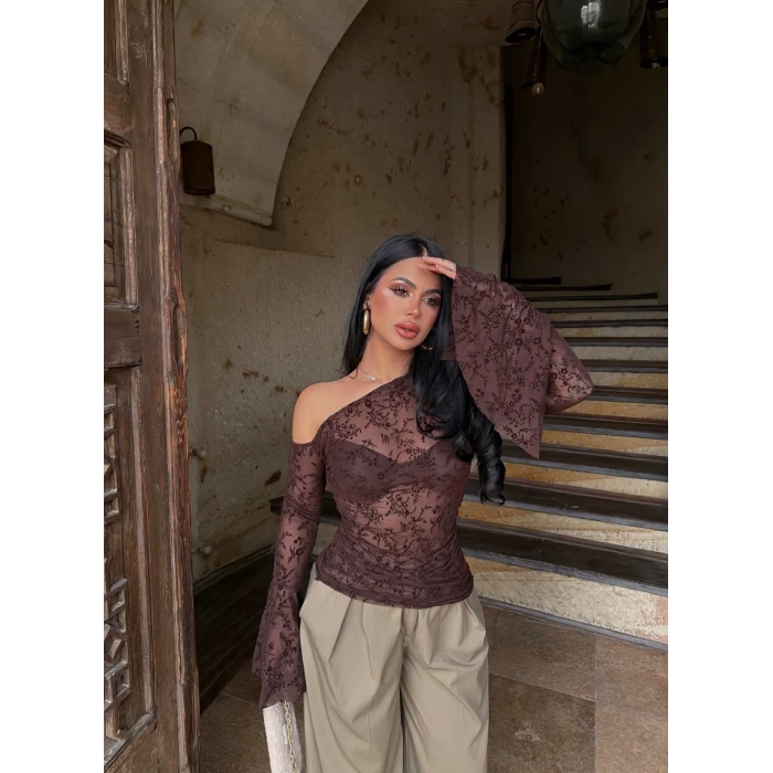 Kahve Kolları Volanlı Flok Baskı Crop