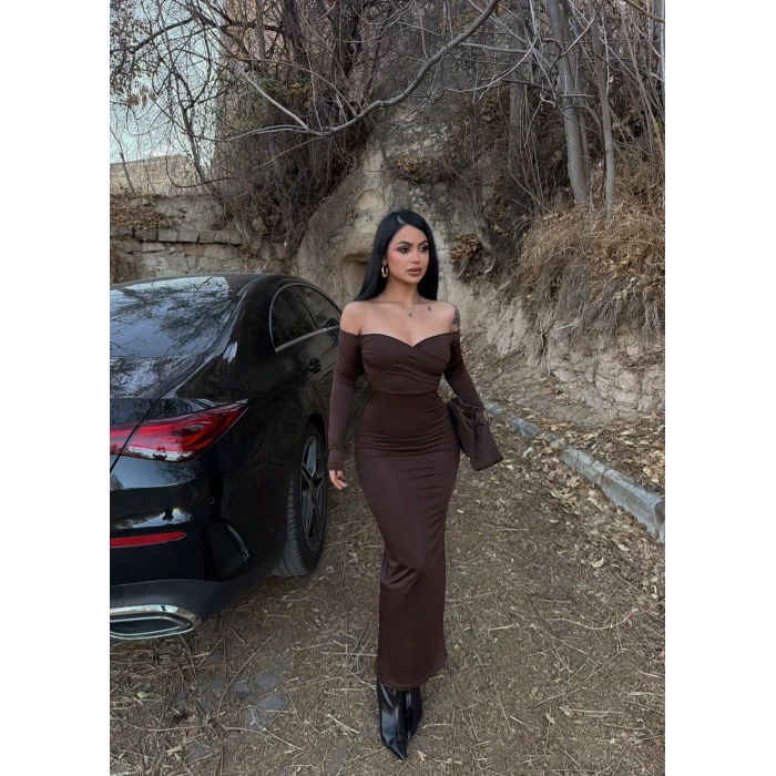 Kahve Kruvaze Yaka Maxi Elbise