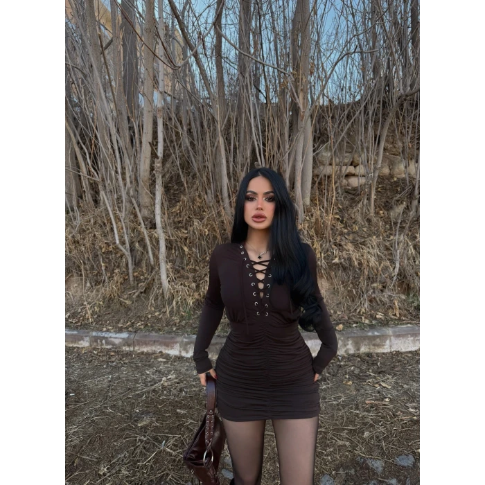 Kahve Kuşgözü Büzgülü Elbise