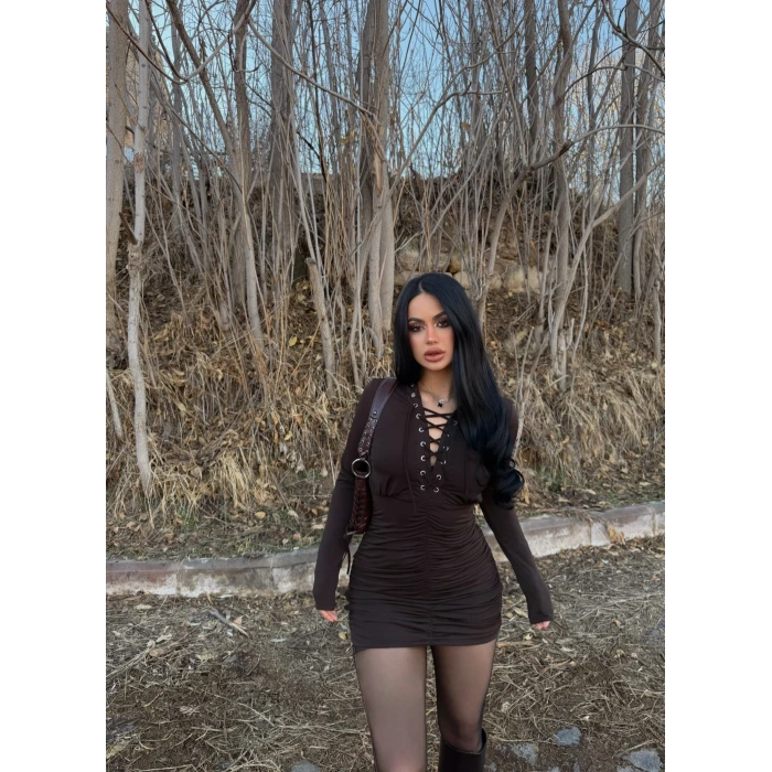 Kahve Kuşgözü Büzgülü Elbise