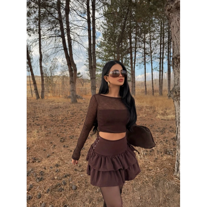 Kahve Kuşgözü Mini Etek