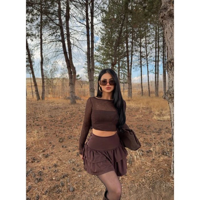 Kahve Kuşgözü Mini Etek