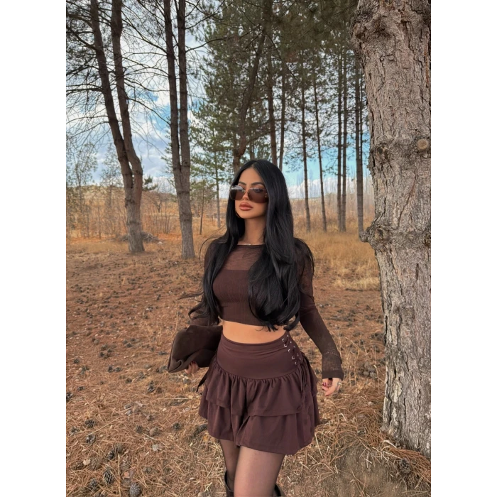 Kahve Kuşgözü Mini Etek