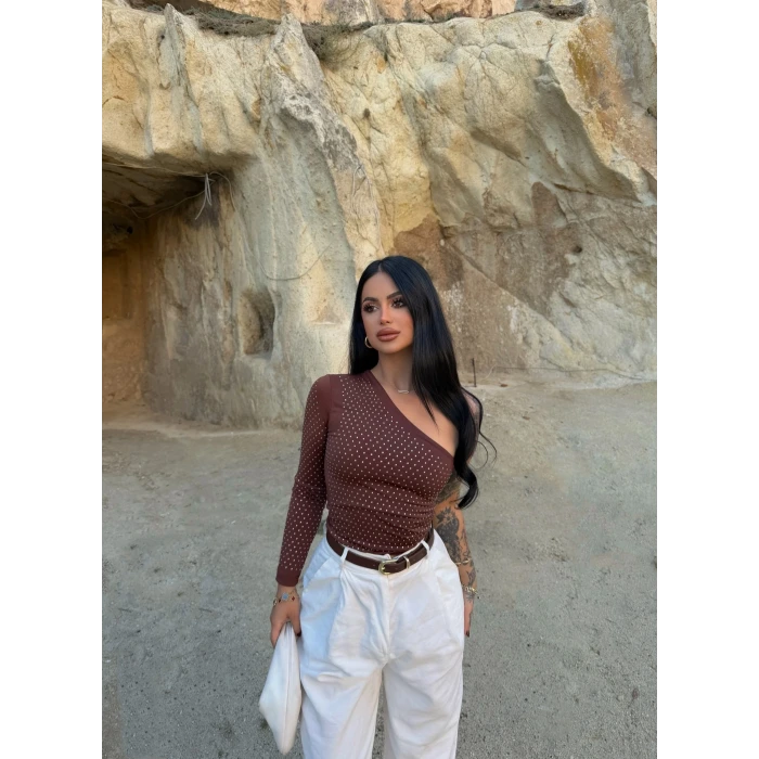 Kahve Luxe Tek Omuz Taşlı Bluz