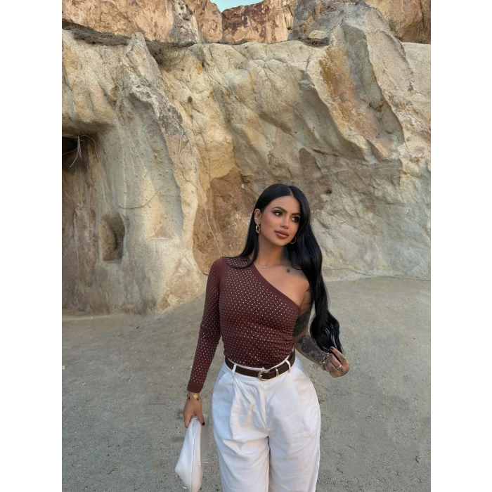 Kahve Luxe Tek Omuz Taşlı Bluz