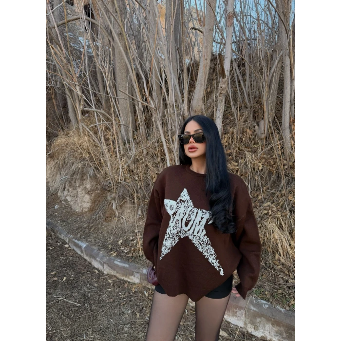 Kahve Mind Sırt Baskı Kazak