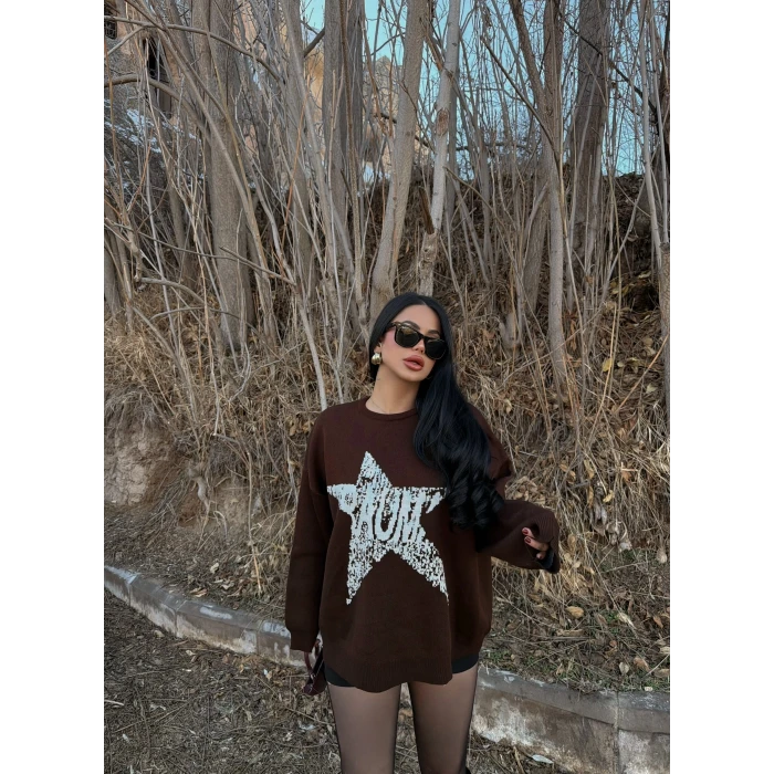 Kahve Mind Sırt Baskı Kazak