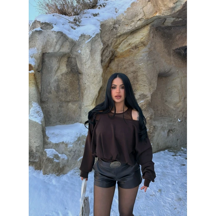 Kahve Omuz Tül Askılı Sweat