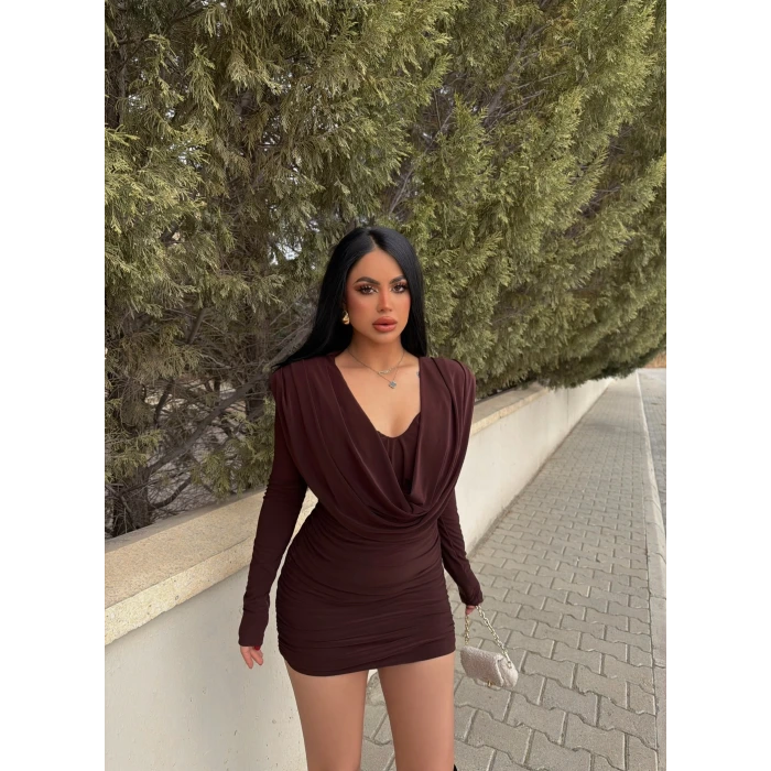 Kahve Omuz Vatkalı Degaje Elbise